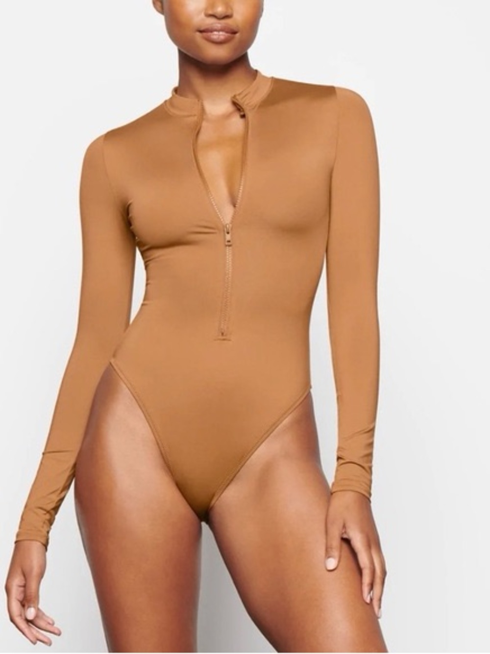 NWT SKIMS Swim Zip Front Long Sleeve One Piece Bathing Suit Almond Brown Size 4X